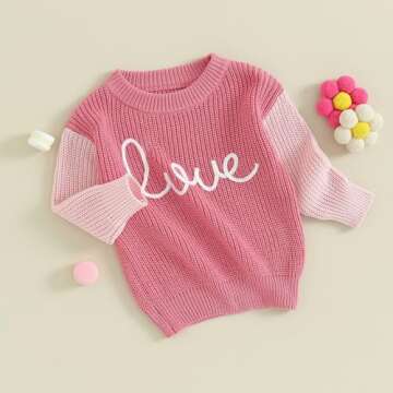 My First Valentines Day Baby Girl Outfit Baby Valentines Day Sweater Love Embroidery Knit Pullover Sweatshirt Top(C-Pink,12-18 Months)