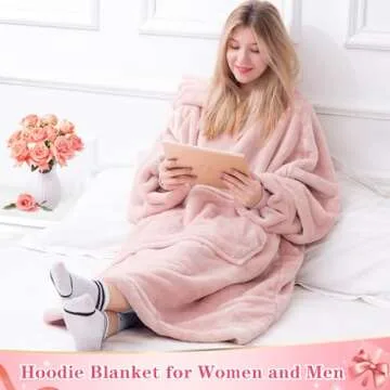 Waitu Wearable Blanket Sweatshirt for Women and Men, Super Warm and Cozy Giant Blanket Hoodie, Thick Flannel Blanket with Sleeves and Giant Pocket - Pink