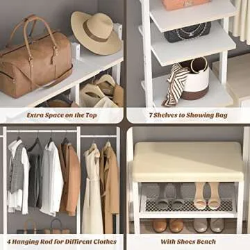 Aheaplus Clothing Rack Heavy Duty Closet Organizer for Hanging Clothes, Large Wall Mounted Garment Rack Clothes Rack with 6-Drawers for Wardrobe, Bedroom and as Walk-in Closet System, Natural+White