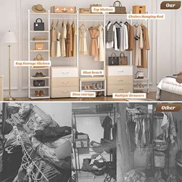 Aheaplus Clothing Rack Heavy Duty Closet Organizer for Hanging Clothes, Large Wall Mounted Garment Rack Clothes Rack with 6-Drawers for Wardrobe, Bedroom and as Walk-in Closet System, Natural+White