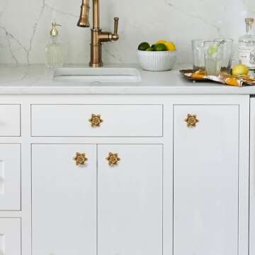 Perilla Home Set of 6 Vintage Metal Knobs - for Cabinet & Drawers - Antique Gold Decorative Flower K...