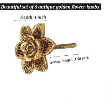 Perilla Home Set of 6 Vintage Metal Knobs - for Cabinet & Drawers - Antique Gold Decorative Flower Knobs for Home Kitchen Cabinet - Hardware Cupboard Glass Door Dresser Wardrobe and Drawer Pulls