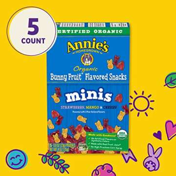 Annie's Organic Mini Bunny Fruit Flavored Snacks, Strawberry, Mango & Cherry, Gluten Free, 5 Pouches, .8 oz