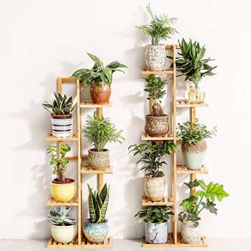 Bamboo 5 Tier 6 Potted Plant Stand Rack Multiple Flower Pot Holder Shelf Indoor Outdoor Planter Display Shelving Unit for Patio Garden Corner Balcony Living Room