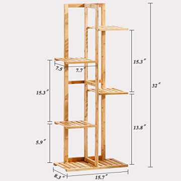 Bamboo 5 Tier 6 Potted Plant Stand Rack Multiple Flower Pot Holder Shelf Indoor Outdoor Planter Display Shelving Unit for Patio Garden Corner Balcony Living Room