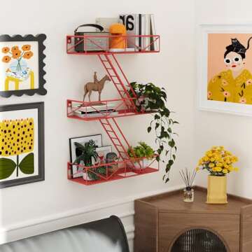 MVPSONAG Fire Escape Shelf - 3 Tier Red Fire Escape Wall Shelf with Basket Wall Organizer, New York Metal Decorative Shelves, DIY Floating Action Figurine Display Shelf for Bedroom