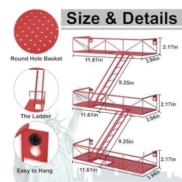 MVPSONAG Fire Escape Shelf - 3 Tier Red Fire Escape Wall Shelf with Basket Wall Organizer, New York Metal Decorative Shelves, DIY Floating Action Figurine Display Shelf for Bedroom