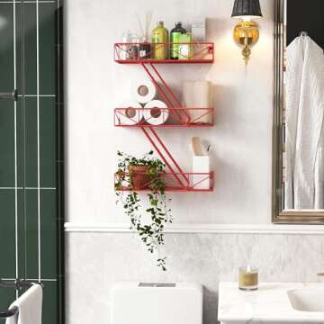 MVPSONAG Fire Escape Shelf - 3 Tier Red Fire Escape Wall Shelf with Basket Wall Organizer, New York Metal Decorative Shelves, DIY Floating Action Figurine Display Shelf for Bedroom