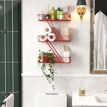 MVPSONAG Fire Escape Shelf - 3 Tier Red Fire Escape Wall Shelf with Basket Wall Organizer, New York Metal Decorative Shelves, DIY Floating Action Figurine Display Shelf for Bedroom