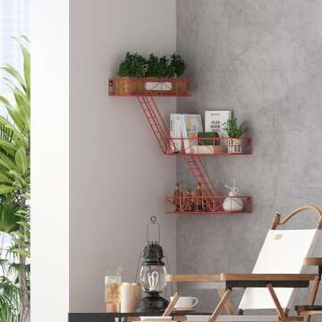 MVPSONAG Fire Escape Shelf - 3 Tier Red Fire Escape Wall Shelf with Basket Wall Organizer, New York Metal Decorative Shelves, DIY Floating Action Figurine Display Shelf for Bedroom
