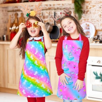 Kids Rainbow Unicorn Apron with Pockets for Cooking