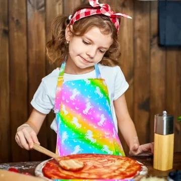 Kids Rainbow Unicorn Apron with Pockets for Cooking