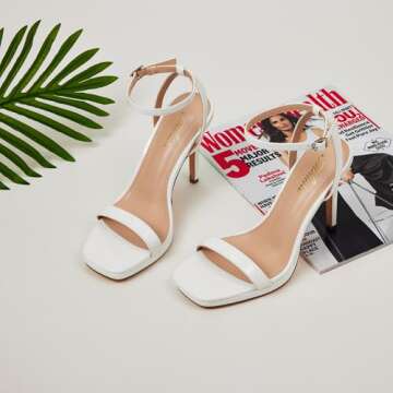 Women’s Stiletto Strappy Heeled Sandals, 4.3 Inch Square Open Toe Sexy High Heels Ankle Strap Buckle Heels for Party Wedding Dress Daily Wear Shoes White Size 9