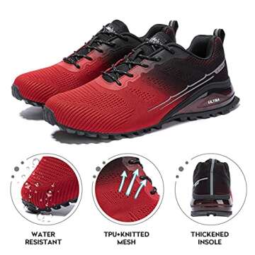 Kricely Men's Trail Running Shoes Fashion Hiking Sneakers for Men Tennis Cross Training Shoe Red Black Non-Slip Walking Footwear Size 10
