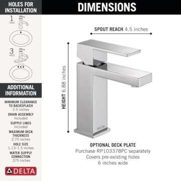 Delta Faucet Modern Single Hole Bathroom Faucet, Chrome with Push Pop-Up Drain Assembly
