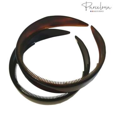 Parcelona French (Set of 2) Wide 1 Inch Tortoise Shell Brown and Black Hair Headbands with Inner Teeth Nibs