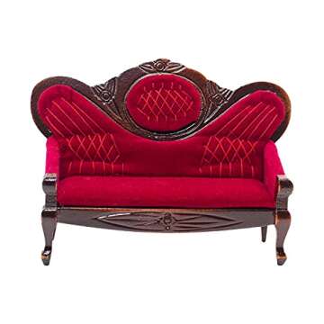 Handmade Mini Vintage House Furniture Sofa - 1:12 Scale Red Wooden Dollhouse Decor