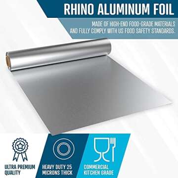 Rhino Aluminum Heavy Duty Aluminum Foil | 18 Inches by 500 Foot Long Roll, 25 Microns Thick | Commercial Grade & Extra Thick, Strong Enough for Food Service Industry
