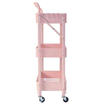 asunflower Foldable Rolling Utility Cart Pink 3 Tier Metal Storage Organizer Cart Folding Kitchen Cart with Wheels No Assembly Required