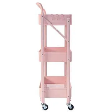 asunflower Foldable Rolling Utility Cart Pink 3 Tier Metal Storage Organizer Cart Folding Kitchen Cart with Wheels No Assembly Required
