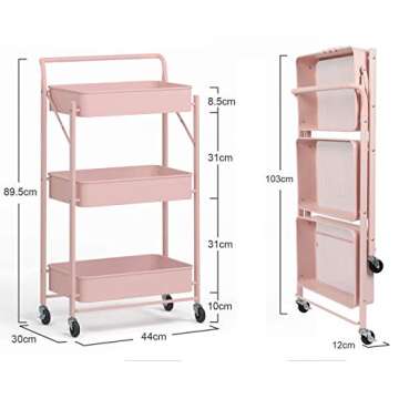 asunflower Foldable Rolling Utility Cart Pink 3 Tier Metal Storage Organizer Cart Folding Kitchen Cart with Wheels No Assembly Required