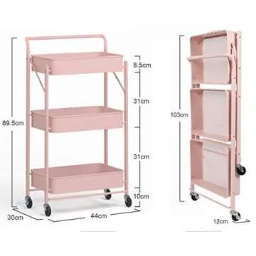 asunflower Foldable Rolling Utility Cart Pink 3 Tier Metal Storage Organizer Cart Folding Kitchen Cart with Wheels No Assembly Required