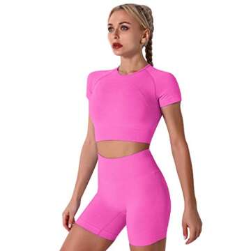 IBTOM CASTLE Workout Outfits for Women 3 Piece Set Short Sleeve Crop Top+Sports Bra+High Waist Leggings Seamless Yoga Tracksuit Hot pink Small