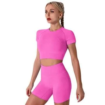 IBTOM CASTLE Workout Outfits for Women 3 Piece Set Short Sleeve Crop Top+Sports Bra+High Waist Leggings Seamless Yoga Tracksuit Hot pink Small