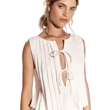 Linen Tank Tops for Women Coquette Sleeveless Bow Tie Front Peplum Blouse Y2K Babydoll Ruffle Shirt ...