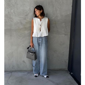 Linen Tank Tops for Women Coquette Sleeveless Bow Tie Front Peplum Blouse Y2K Babydoll Ruffle Shirt Going Out Summer (White,Small)