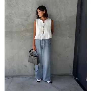 Linen Tank Tops for Women Coquette Sleeveless Bow Tie Front Peplum Blouse Y2K Babydoll Ruffle Shirt Going Out Summer (White,Small)