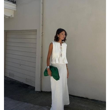 Linen Tank Tops for Women Coquette Sleeveless Bow Tie Front Peplum Blouse Y2K Babydoll Ruffle Shirt Going Out Summer (White,Small)