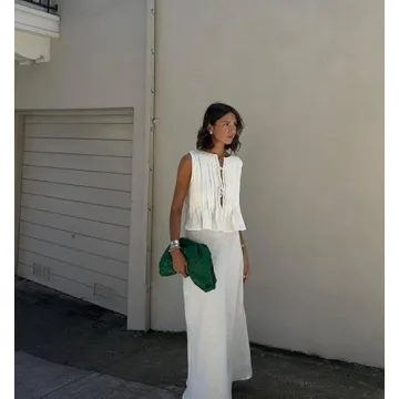 Linen Tank Tops for Women Coquette Sleeveless Bow Tie Front Peplum Blouse Y2K Babydoll Ruffle Shirt Going Out Summer (White,Small)