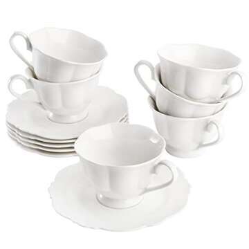 Jucoan Set of 6 Porcelain Tea Cups and Saucers, Bone China Tea Cup Set, 6 oz White Tea Cup Set, Coff...