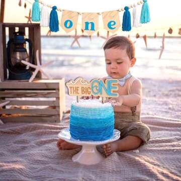 MUWEOL The Big One Wooden Cake Topper - The Big One Decal,Wave Tassel High Chair Banner,The Big One Themed Birthday Party Decorations