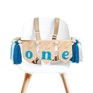 MUWEOL The Big One Wooden Cake Topper - The Big One Decal,Wave Tassel High Chair Banner,The Big One Themed Birthday Party Decorations