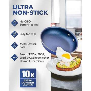 Granitestone Blue 12 Inch Non Stick Frying Pans Nonstick Skillet with Mineral and Diamond Triple Coa...