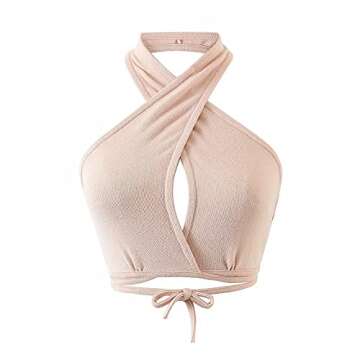 Artfish Women's Sexy Bandage Crisscross Halter Crop Tank Backless Self Tie Y2K Crop Top Beige Apricot,M