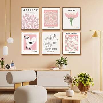 QIAOMICS Pink Flower Market Wall Art Prints,Abstract Matisse Wall Decor Aesthetic,Colorful Exhibitio...