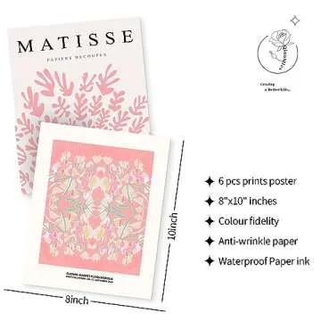 QIAOMICS Pink Flower Market Wall Art Prints,Abstract Matisse Wall Decor Aesthetic,Colorful Exhibition Posters Wall Art Flower Pictures for Bedroom,Dorm (8"×10" Unframed)