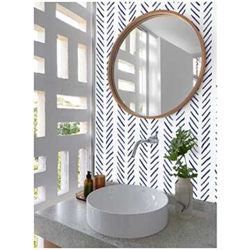 HAOKHOME Boho Peel and Stick Wallpaper - Navy/White Chevron Design, 17.7in x 32.8ft