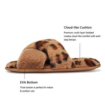 WateLves Women's Cross Band Slide Slippers Soft Plush Furry House Shoes Non Slip Indoor Outdoor Slippers Cozy Open Toe Slip On (Leopard-Brown, 36/37)
