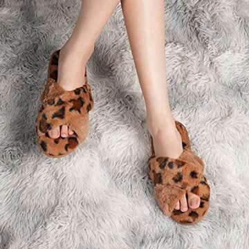 WateLves Women's Cross Band Slide Slippers Soft Plush Furry House Shoes Non Slip Indoor Outdoor Slippers Cozy Open Toe Slip On (Leopard-Brown, 36/37)