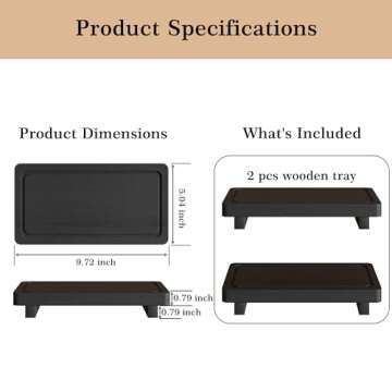 ZGO Small Counter Set of 2, Decorative Vanity Tray for Bathroom & Kitchen, Wooden Soap Holder, Black