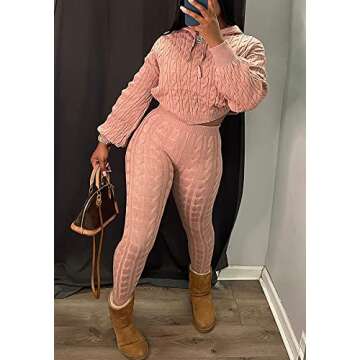 NRTHYE Hooded Sweater Two Piece Set Autumn Winter Women Solid Long Sleeve Crop Top And Pants Rib Kni...