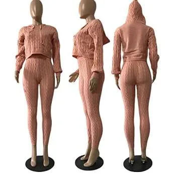 NRTHYE Hooded Sweater Two Piece Set Autumn Winter Women Solid Long Sleeve Crop Top And Pants Rib Knitted Suits Tracksuit