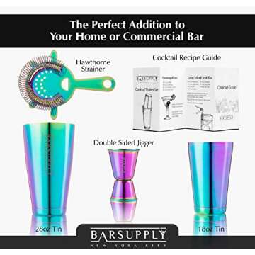 Professional Boston Cocktail Shaker Set | 4-Piece Bar Set | Stainless Steel 304 | 28oz/18oz Weighted Shaker Tins | Hawthorne Strainer | Double Sided Jigger | Recipe Booklet | Bartender Kit