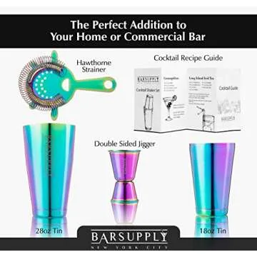 Professional Boston Cocktail Shaker Set | 4-Piece Bar Set | Stainless Steel 304 | 28oz/18oz Weighted Shaker Tins | Hawthorne Strainer | Double Sided Jigger | Recipe Booklet | Bartender Kit