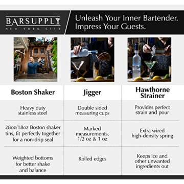 Professional Boston Cocktail Shaker Set | 4-Piece Bar Set | Stainless Steel 304 | 28oz/18oz Weighted Shaker Tins | Hawthorne Strainer | Double Sided Jigger | Recipe Booklet | Bartender Kit