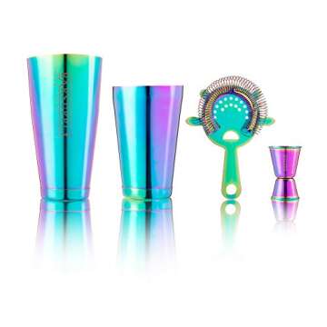 Professional Boston Cocktail Shaker Set | 4-Piece Bar Set | Stainless Steel 304 | 28oz/18oz Weighted Shaker Tins | Hawthorne Strainer | Double Sided Jigger | Recipe Booklet | Bartender Kit